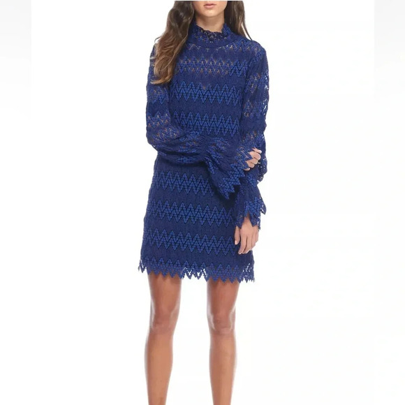 Free People Simone Mock Neck Dress Chevron Lace Cobalt Royal Blue Size M - Picture 2 of 5